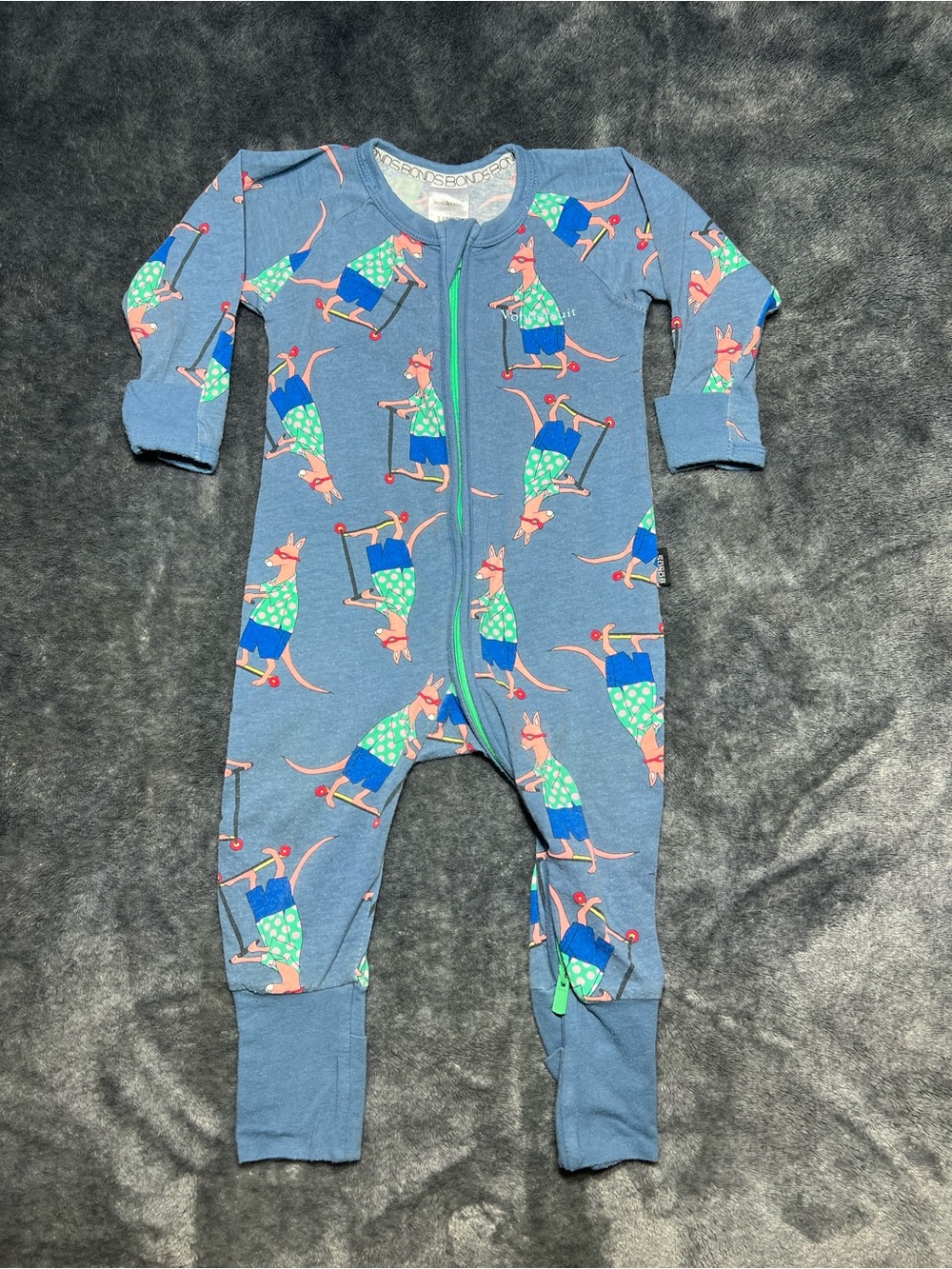 Bonds Wondersuit Blue Kangaroo Scooter Print Zipper Footie